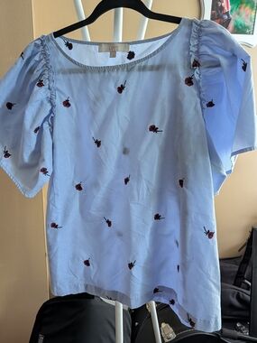 LOFT Light Blue Top with Red Rose Embroidery